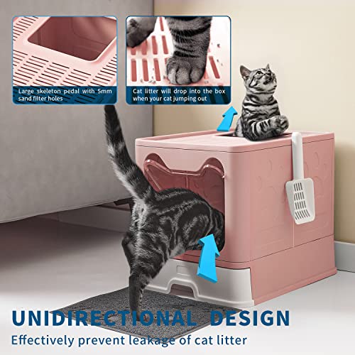 Medario Cat Litter Box, Large Foldable Front Entry Top Exit Litter Box With Lid For Cats, Cat Potty With Cat Litter Scoop And Cat Litter Mat Easy Clean (Pink) #TOP1
