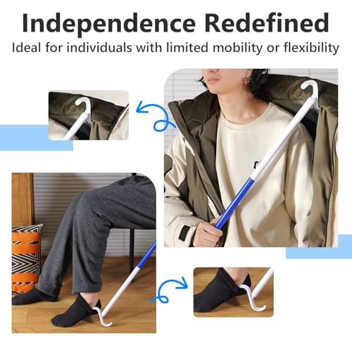 REWKCY 35.5\" Shoe Horn Long Handle, Adjustable Extra Long Shoehorn and Portable Dressing Stick for Seniors, Elderly, Men and Women, Blue - Thumbnail 3