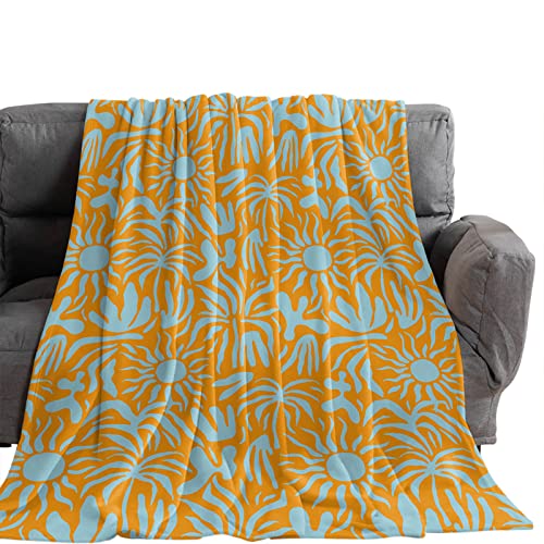 Fleece Throw Blankets For Couch,Abstract Sun And Flower Silhouette Soft Flannel Bed Throws,40X50In Lightweight Cozy Sofa Blankets,Orange Stripe Geometry On Blue Fluffy Warm Blanket For Home Decor #TOP6