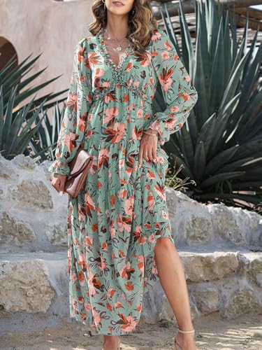 Image of BLENCOT Womens Casual Boho Floral Printed V Neck Long Sleeve Long Maxi Dress Spring Summer Dresses