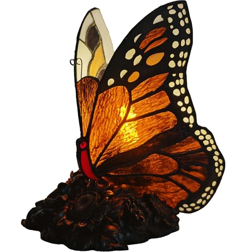 Bieye L13023 Amber Monarch Butterfly Tiffany Style Stained Glass Table Lamp