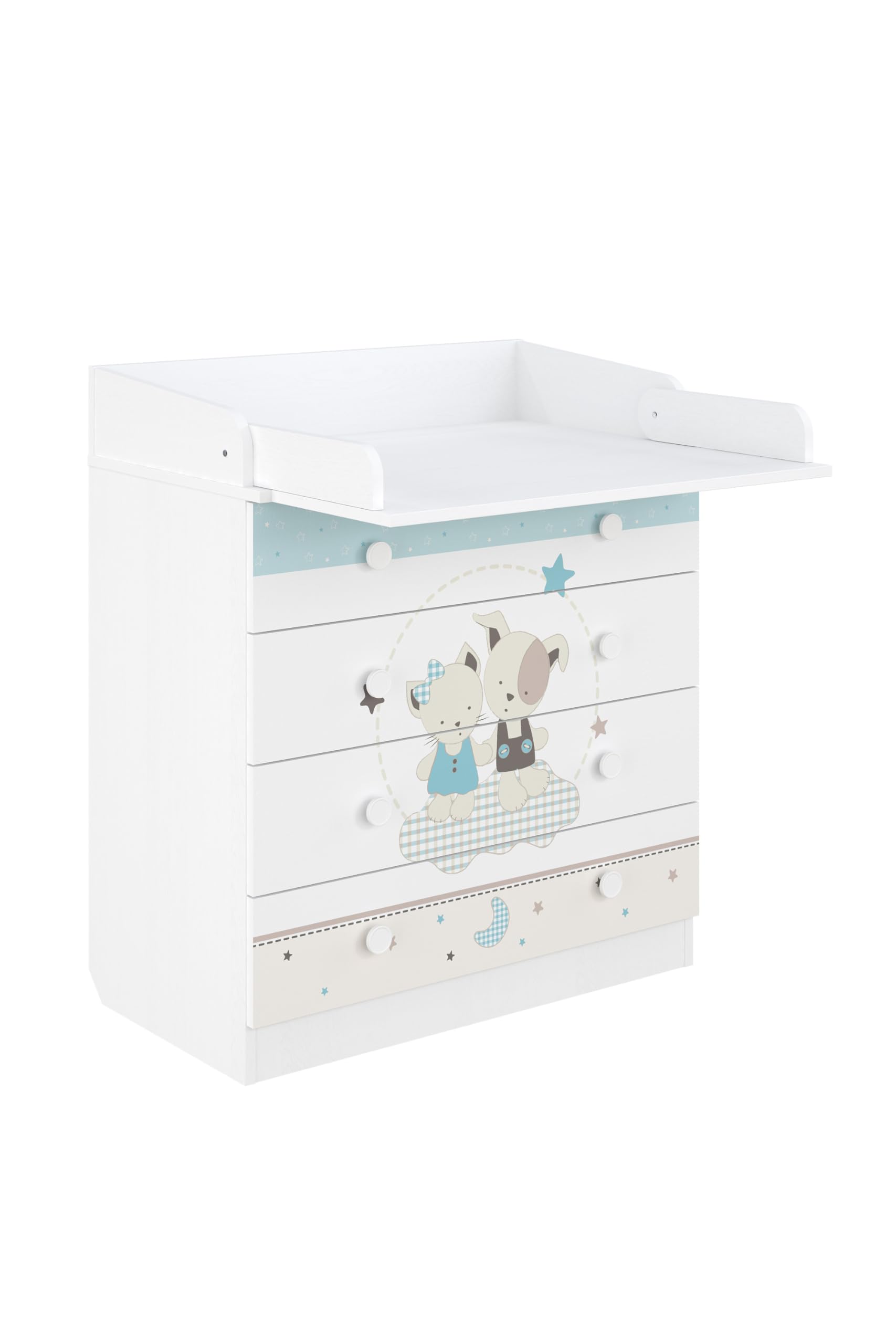 Shefa Kids Cómoda Cambiador Bebé con 4 Cajones y Superficie Plegable, Mueble Cambiador Infantil de Madera Aglomerada, Blanco, 80x48x92 cm