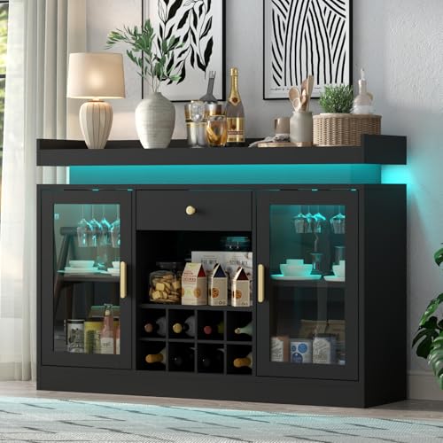 Wine Bar Cabinet with LED Light, Home Coffee Bar Cabinet with Wine and Glass Rack, Modern Sideboard Buffet w/ Storage Drawer & Shelves, Freestanding Liquor Cabinets for Living Room,Dining Room (Black)