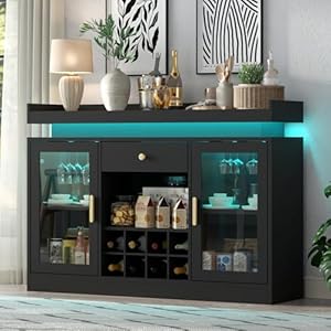 Wine Bar Cabinet with LED Light, Home Coffee Bar Cabinet with Wine and Glass Rack, Modern Sideboard Buffet w/ Storage Drawer & Shelves, Freestanding Liquor Cabinets for Living Room,Dining Room (Black)