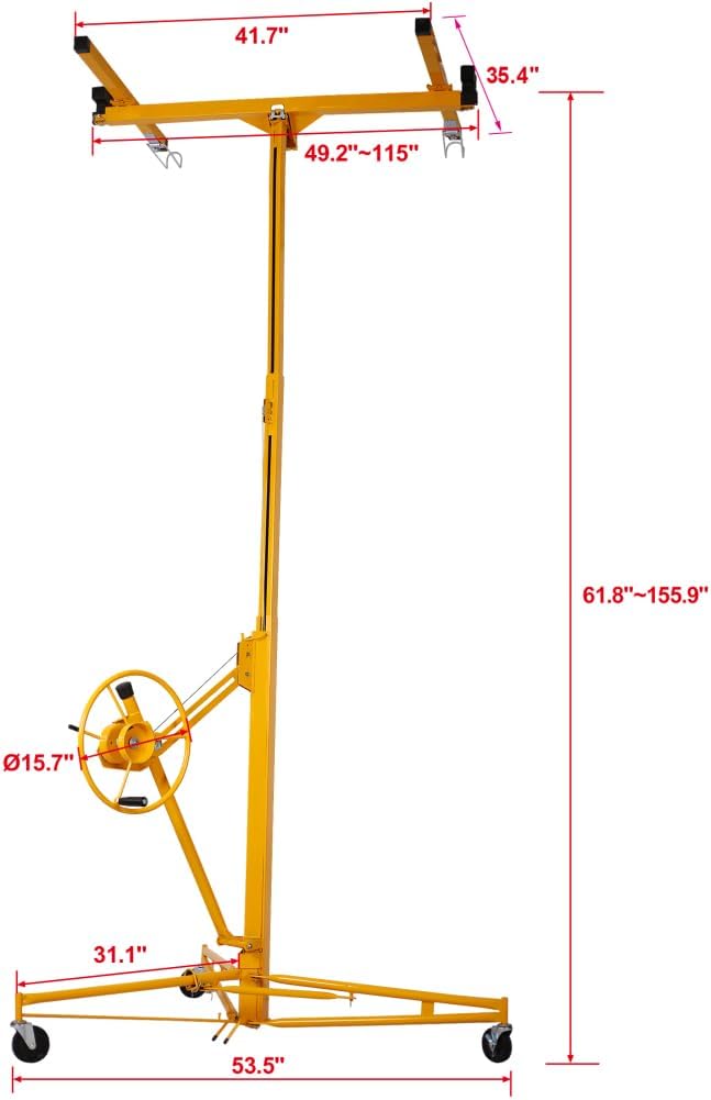 13' Drywall Lift Panel Hoist Dry Wall Rolling Panel Jack Drywall Lift Construction Tools with Secure Tripod Base 150lbs Capacity Yellow 13ft