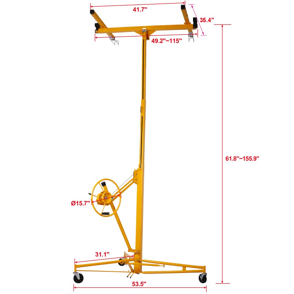 Fulvari 13' Drywall Lift Panel Hoist Dry Wall Rolling Panel Jack Drywall Lift Construction Tools with Secure Tripod Base 150lbs Capacity Yellow 13ft