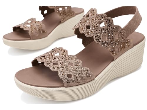 Skechers Skechers Women's PARALLEL LITE - SASSY DAYZ 2.0, Rhinestone cut out knit wedge slingback, Mocha, 9M