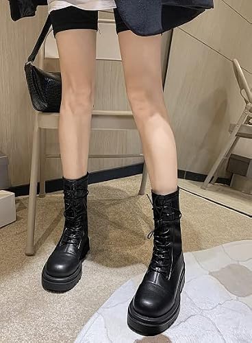 Yodeks Round Toe Boots Lace-Up Lug Sole Combat Boots Women's Low Chunky Heel Platform Biker Booties Casual Winter Mid Calf Boot Shoes With Back Zipper Us Size 9.5 Black #TOP6
