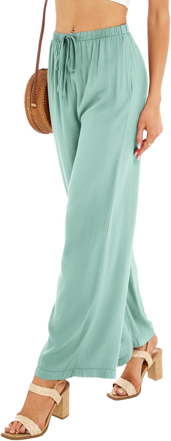 Linen Pants for Women Summer Palazzo Pants Drawstring Elastic Waist Wide Leg Pants Casual Beach Trousers with Pockets - Image 5