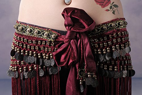 Women's Belly Dance Tribal Hip Scarf with Fringe Coins Flannel3