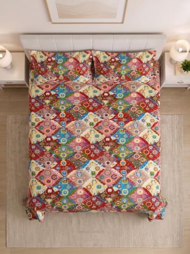 Image of Mafatlal 130 GSM Pearl Double Bed Linen Set with 2 Pillow Covers | 90 x 100 Inch | Soft Touch Finish | Lightweight Construction, Durable Fabric, Stylish Bedroom Upgrade, Machine Washable | Red Multi