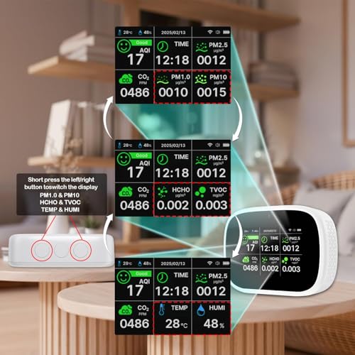 Image of 18-in-1 Smart Air Quality Monitor, WiFi Indoor Air Detector with Dual Chip, Real-Time Monitoring for AQI, CO2, PM2.5, PM1.0, PM10, TVOC, HCHO, Time, Temperature and Humidity with APP