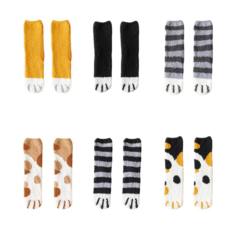 DOITOOL 6pairs Cute Cat Paw Floor Socks Thicken Coral Fleece Sleeping Stockings Warm Plush for Family Use Breathable and Odorless for Sleeping and Relaxing