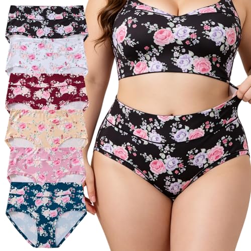 Image of Women's Underwear Plus Size XL-6XL Panties Briefs High Waist Rose Floral Print 6 Pack Undies