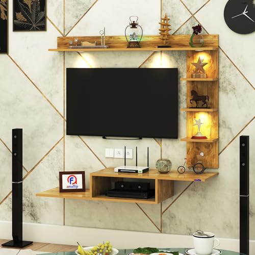 Image of Wintor Engineered Wood Wall Mounted TV Unit with 4 LED Lights, 3 Open Shelves, 1 Storage Box & Decorative Display Shelf for Living Room | Ideal for Upto 43 Inch TV- GiantWood(DIY Assembly)