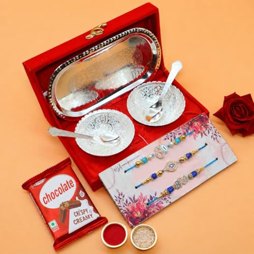 Image of Jaipur Ace Premium Rakhi Gifts Hamper Rakhi for brother with Silver Plated Gifts Bowl Set With Chocolate & Greeting Card (3 Rakhi With Gift Hamper)