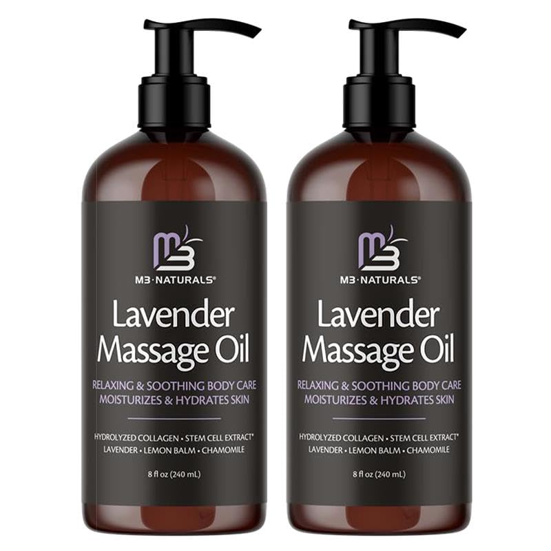 Lavender Massage Oil with Collagen and Stem Cells - Skin Firming Therapy Oil for Cellulite and Quick Absorption on Bum, Thighs, and Belly, 8 fl oz (Pack of 2) by M3 Naturals Lavender Massage Oil (2 Pack)