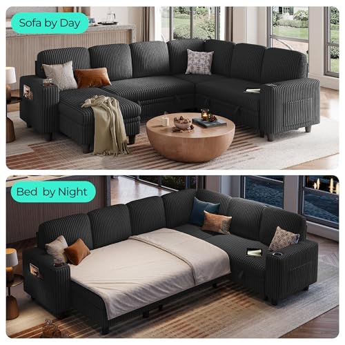 Image of LINSY HOME Sectional Sleeper Sofa with Pull Out Couch Bed - Convertible Plush Corduroy Cloud Couch with Storage Chaise & USB Charging, Comfy Modular Couches for Living Room, Black