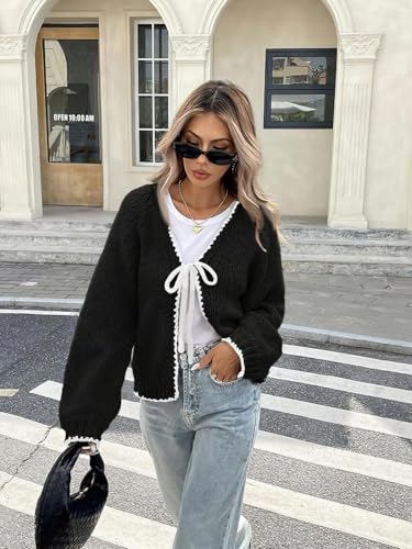 chouyatou Women's Bow Tie Front Cardigan Sweaters Fall Winter Long Sleeve Open Front Chunky Sweater Coats4