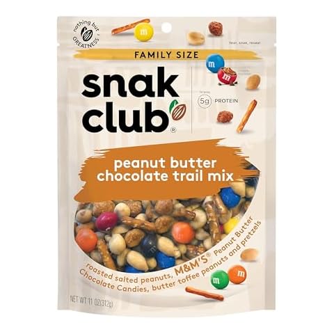 Snak Club Peanut Butter Chocolate Trail Mix with Peanuts, Peanut Butter M&M’S, Toffee Peanuts, and Pretzels, 11 oz Resealable Bag Cover