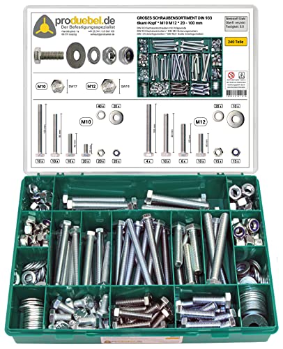 Großes Schrauben-Sortiment DIN 933 M10/M12 Stahl verzinkt (DIN933+934+985+125+9021) 240-tlg (Standard-Box)