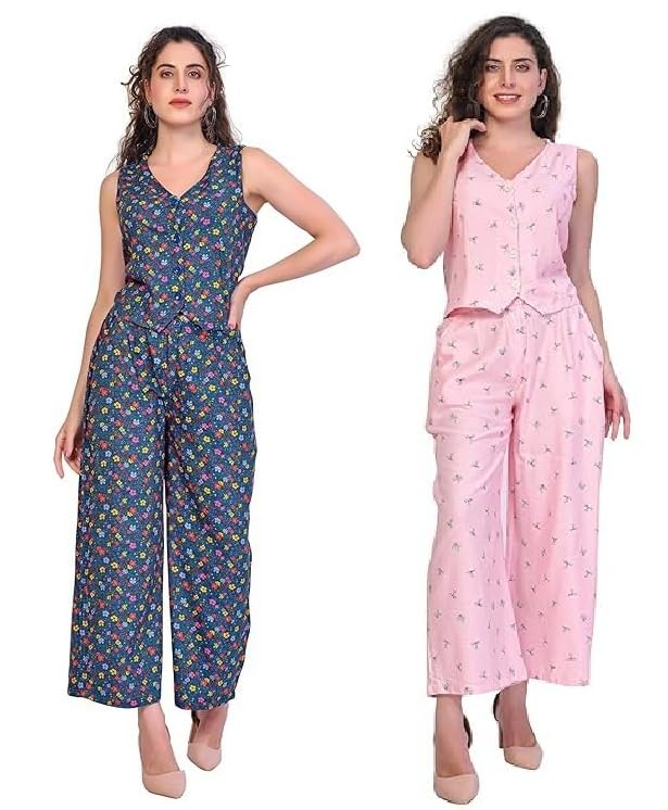 Purple & Pink Viscose Top and Pant Cord Set for Women | Comfortable and Relaxed Two Piece Combo Matching Co-ord Set | Casual Wear, Nightwear & Sleepwear [2 in 1]