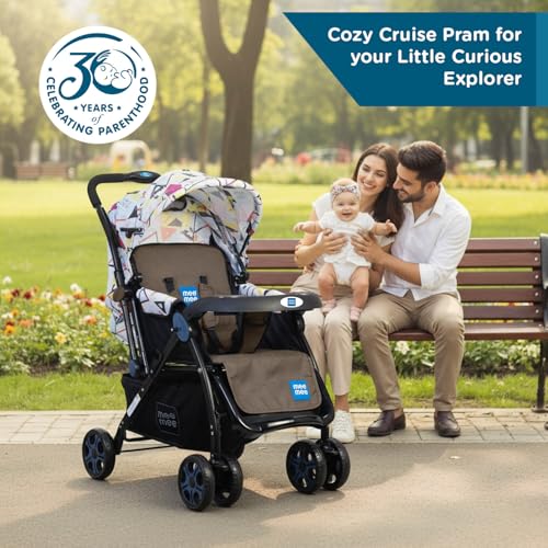 Image of Mee Mee Cozy Cruise Baby Stroller /Pram (Grey Black) | Premium Foldable Pram with 5-Point Harness, One-Hand Fold, Multi-Recline Cushioned Seat, Adjustable Canopy & 360 Wheels | 0-3 Yrs