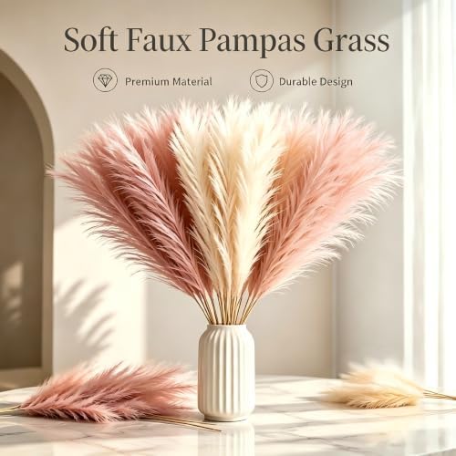 QGG 60 PCS 21.7 Inch Ultra Fluffy Faux Pampas Grass, No Shedding Artificial Dried Grass, Boho Home Bedroom Wedding Vase Filler Floral Arrangement Decor(Blush & Cream & Pink) - 3