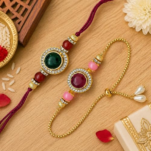 Image of Riddhika Ventures Alluring Gold Plated Bhaiya, Bhabhi Rakhi Gifts (Set of 2) Bhabhi with Roli Chawal, Greeting Card