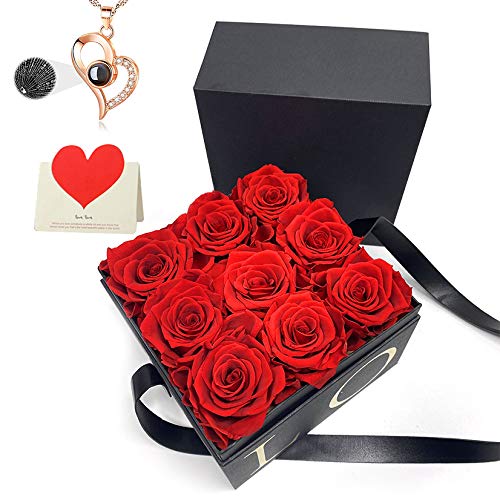 Review Product Gifts for Women-Red Preserved Roses,5 in 1 Rose Flower Gift Pack,Luxury Nine Preserved Roses in a Box, Unique Gift for Her on Valentines Day, Anniversary,Wedding,Birthday(Red Roses, Square Black Box)