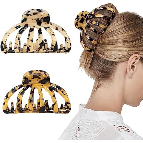 Shinowa Hair Clips, 2-Pack Bohemian Tortoise Shell Hair Claw Clips Strong Hold Big Hair Jaw Clips for Thick Hair, Hair Accessories for Women Girls, Leopard Cover