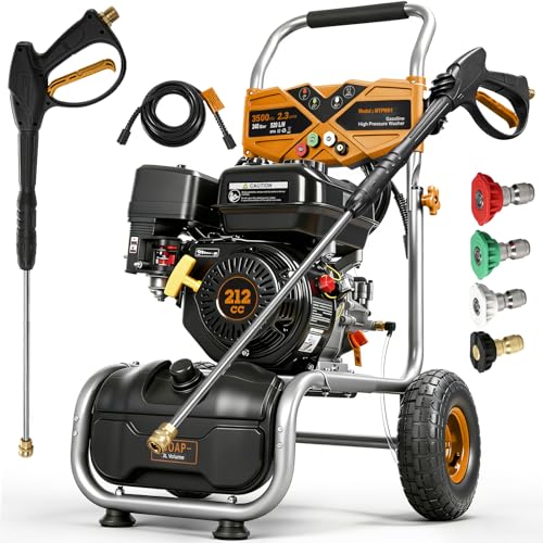 3500PSI Gas Pressure Washer 212CC / 2.3GPM / 7HP / 4-Stroke Gas Power Washer with 4 Quick Connect Nozzles 25FT Hose Soap Tank Gas Powered Pressure Washers for Driveways Decks Cars Paint Prep