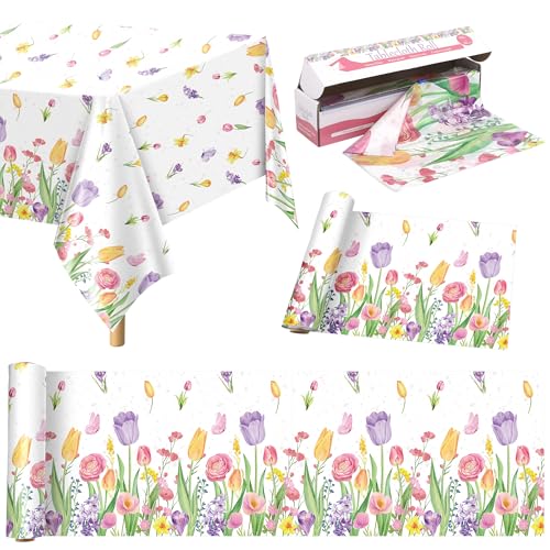Image of Kochorie 100 Ft x 54 Inch Spring Flower Tulip Tablecloth Roll Plastic Floral Disposable Table Cover Butterfly Wildflower Themed Backdrop for Spring Floral Tea Party Birthday Wedding Decor
