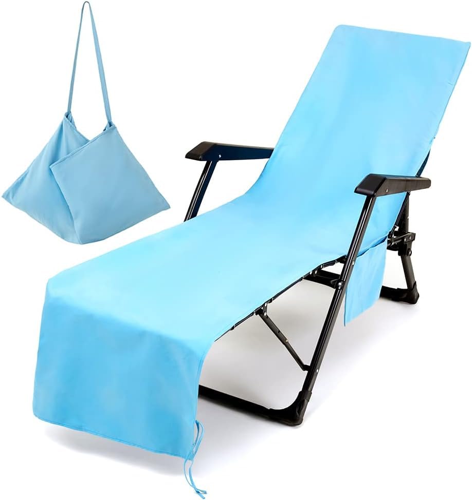 YeGang Beach Chair Cover Towel, Solid color Beach Towel Lounger Bags with Pockets Sunbed Towels Fitted Microfiber Sun Lounger Towels for Summer Outdoor Garden Pool Vacation Travel (Blue)