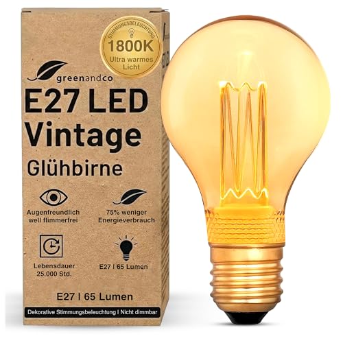 greenandco Vintage Design LED Birne zur Stimmungsbeleuchtung | E27 A60 | gold | 2W 65lm | 1800K extra warmweiß | 320 | 230V | flimmerfrei | nicht dimmbar | Edison Glühbirne