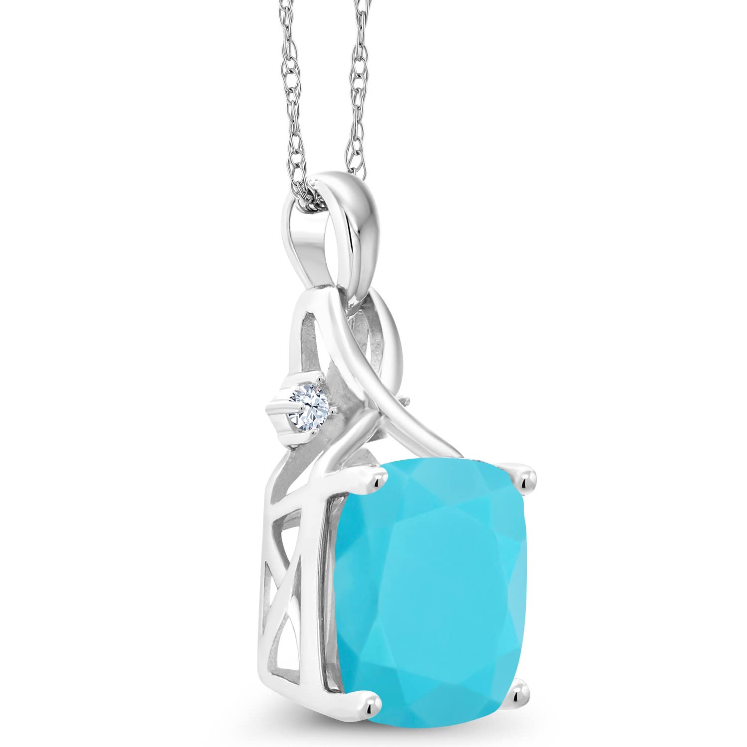 Gem Stone King 10K White Gold Green Turquoise Pendant Necklace For Women (3.08 Cttw, Gemstone, Cushion Cut 10MM, with 18 Inch Chain)