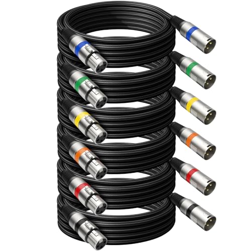 Heams Paquete de 6 cables XLR de alta calidad, sin ruido y súper duradero, cable de micrófono trenzado XLR para todos los conductores de cobre (paquete de 6, conector colorido mejorado, 50 pies)