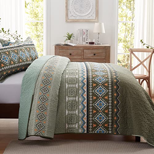 LEAONME 2 Pieces Twin Size Quilt Set Olive Green Bohemian Bedspread Coverlet Lightweight Microfiber Bedding Set 68x86 Inch Bed Cover for All Seasons (1 Quilt, 1 Pillow Sham)