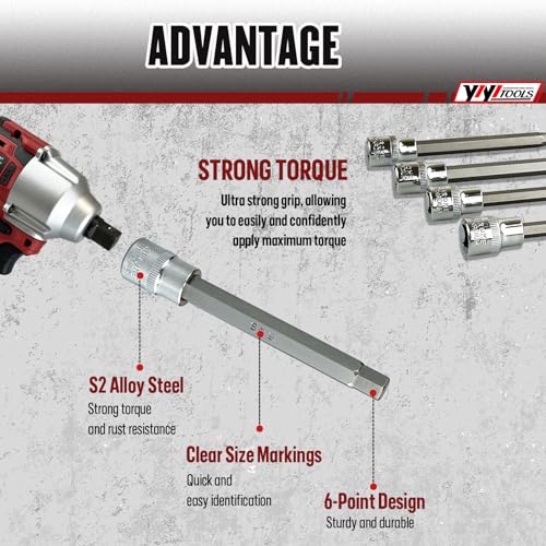 Image of YIYITOOLS 19pcs Extra Long Hex Bit Socket Set, 3 /8 Inch Drive Allen Hex Bit Socket Set, S2 Alloy Steel, SAE (1 /8 Inch - 3 /8 Inch) and Metric (3-12mm),Heavy Duty Cr-V Sockets Set