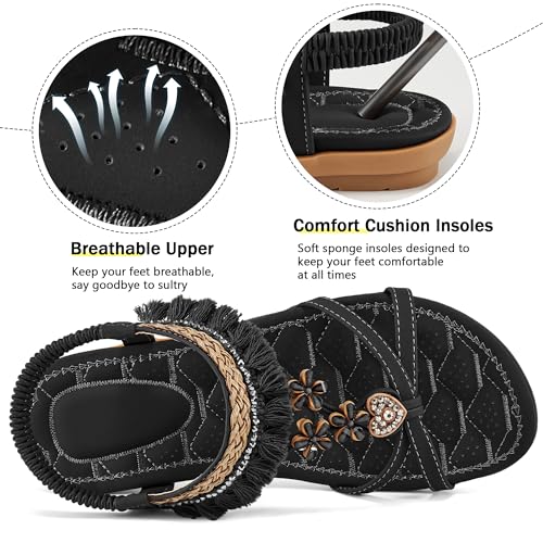 Aomigoct Womens Sandals Flats Shoes: Dressy Summer Flat Sandals for Women Open Toe - Bohemian Casual Beach Shoes Elastic Ankle Strap3