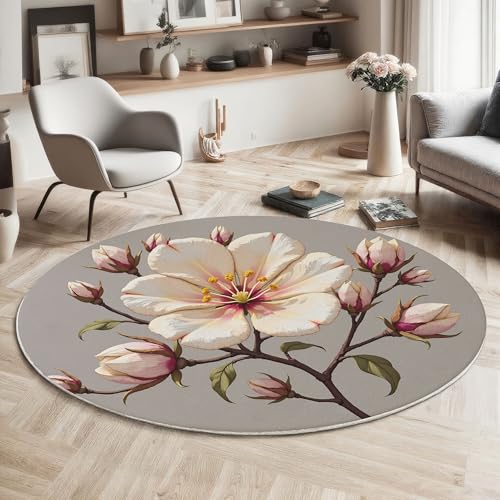 Tapis rond fleurs beige clair doux pour le sol du salon - 2