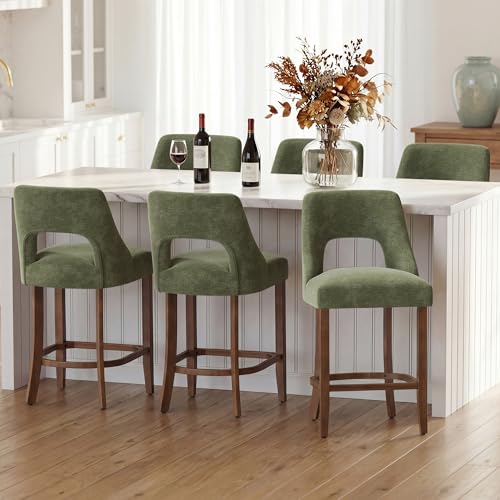 Image of UVV Bar Stools Set of 6, Upholstered Counter Height Bar Stools, Modern Counter Stools with Wood Legs for Kitchen Island Dining Room Bar, Green