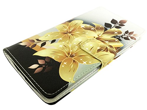for ZTE Lever Z936L Wallet Pouch Card Holder Phone Case + Happy Face Phone Dust Plug (Wallet Yellow Gold Lily)