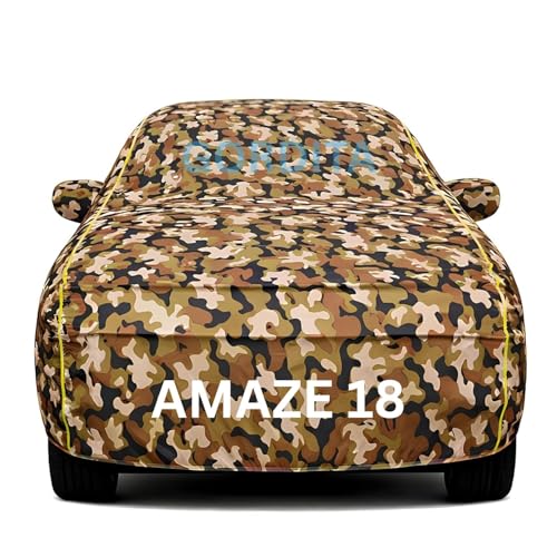 Image of Waterproof Car Body Cover for Amaze 18 All Weather Protection Comes with Inner Cotton Lining & Triple Stitched with Mirror & Antenna Pocket Belt & Elastic Fit Army with Yellow Piping2