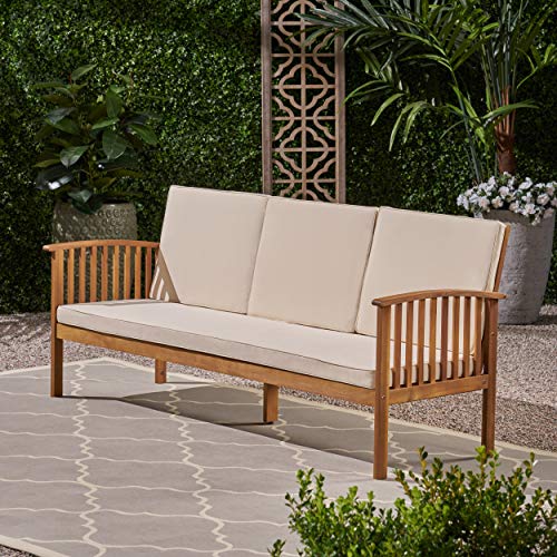 Christopher Knight Home Breenda Outdoor Acacia Wood Sofa with Cushions, Teak Finish, Cream – product image 4