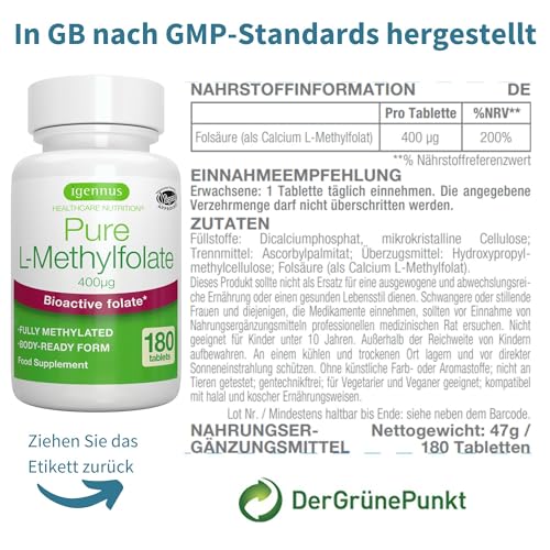 Igennus Reines Methylfolat 400 mcg, 180 Tabletten, Clean Label, optimiertes Methylfolat entspricht 667 mcg DFE, MTHFR-Nahrungsergänzungsmittel, laborgeprüft, vegan & hypoallergen, 6-Monatsvorrat