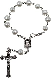 Treasure4U-Store One Decade Auto Rosary for Rearview Mirror White Pearl Glass Beads Catholic Bracelet Our Lady of Lourdes Centerpiece Religious Gift Car Truck Travel Protection