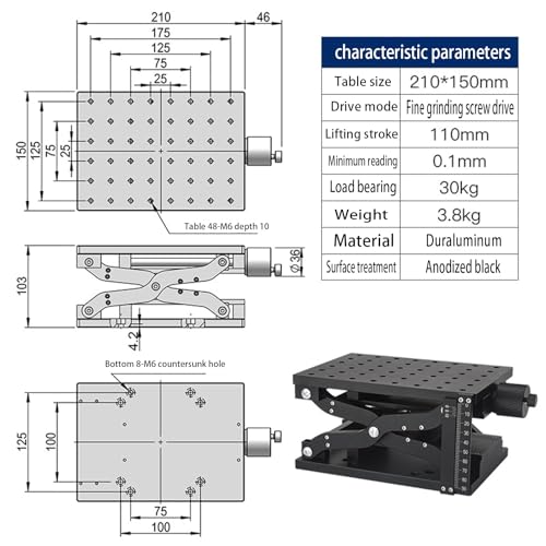Precyzyjna ręczna platforma podnośna, 110mm Stroke Lab Jack, 66lb Pojemność Aluminium-Axis Riser z blokującym kółkiem ręcznym do montażu mikroskopu i sprzętu optycznego