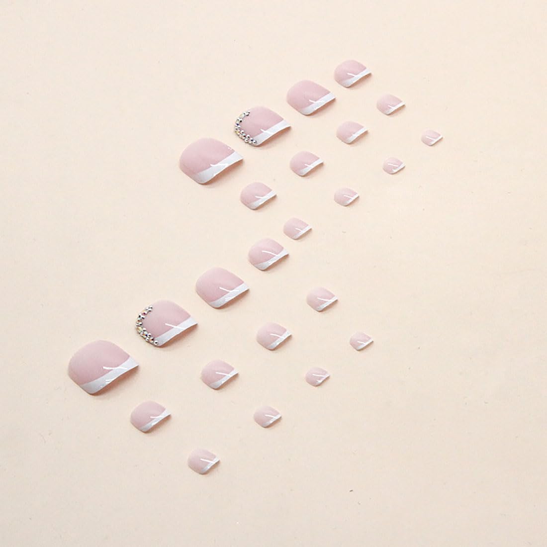 Cubahop 24pcs French Square Fake ToeNails Nude Rhinestone False Toenails Glitter Heart Love Glossy Toe Nail Tips for Women and Girls (pink3) - Image 2