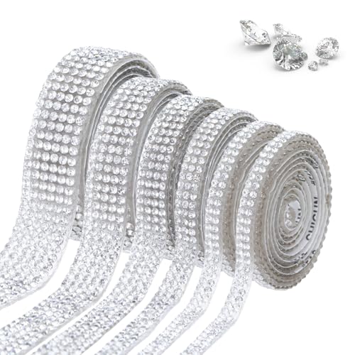 Lot de 6 rouleaux de strass autocollants - 5 tailles - Ruban strass autocollant - Argenté - Pour bricolage, décoration, emballage cadeau - 1 mètre de long...
